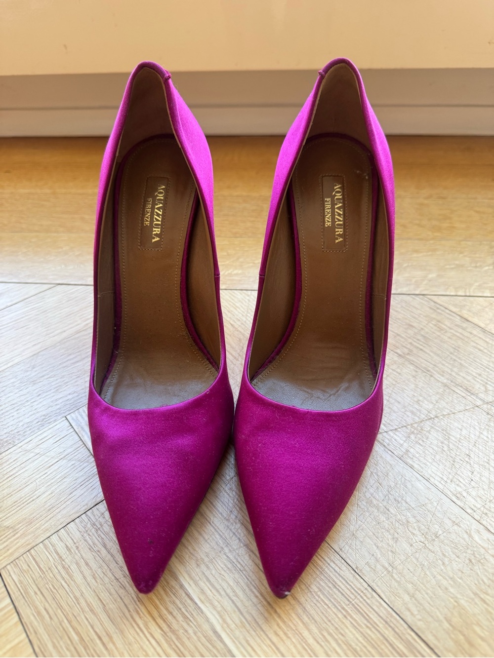 Aquazzura Magenta Pointed-Toe Satin 105 Pumps Size 39